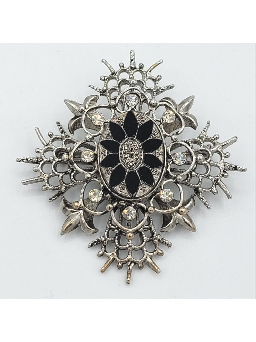Vintage Black & Silver Brooch Marquis Style #3045